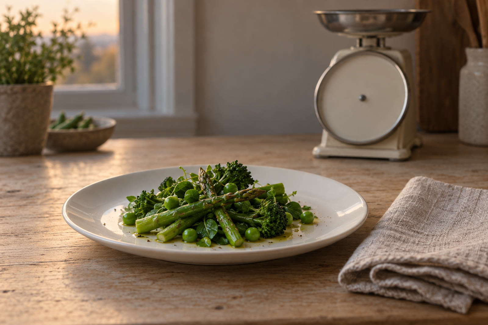 A white plate of green vegetables on a wooden table with an old cream kitchen scale and a folded linen cloth behind it, warm late-afternoon window light