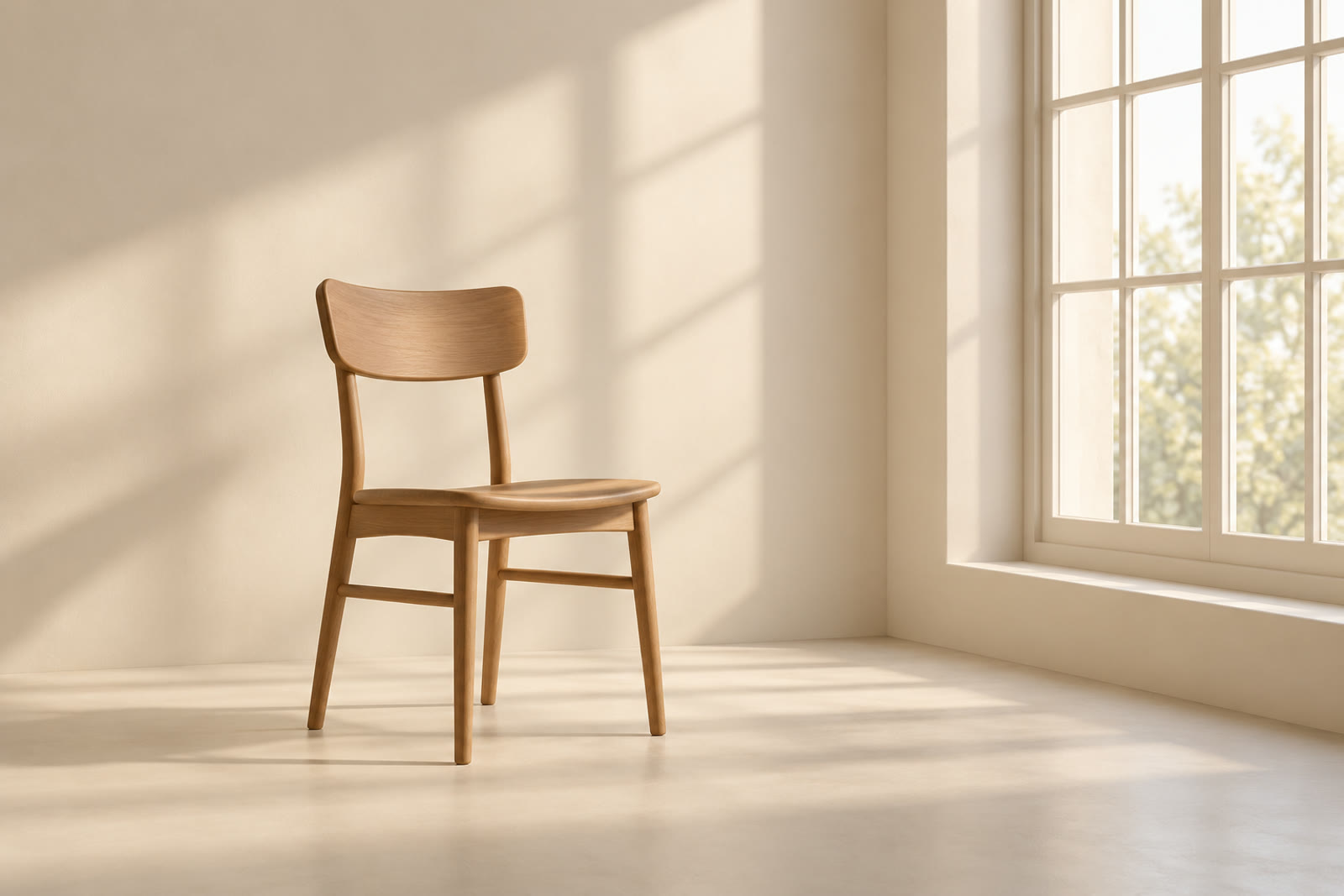 Empty wooden chair beside a bright window