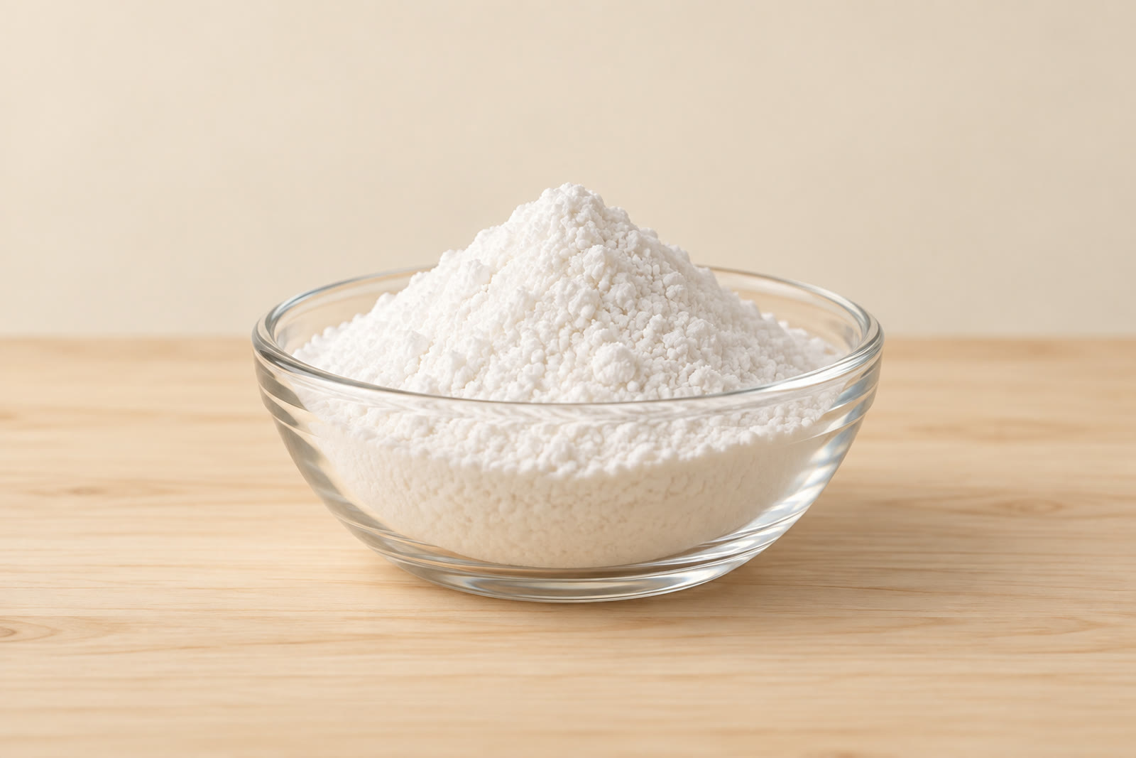 Plain white powder in a small glass dish on a pale wooden surface