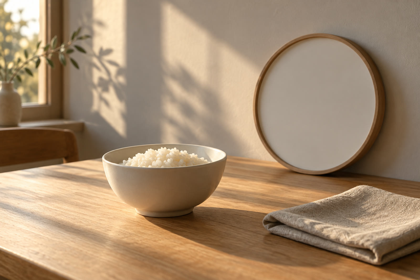 A plain white ceramic bowl on a light wooden table beside a wall clock with a completely blank face and a folded linen cloth