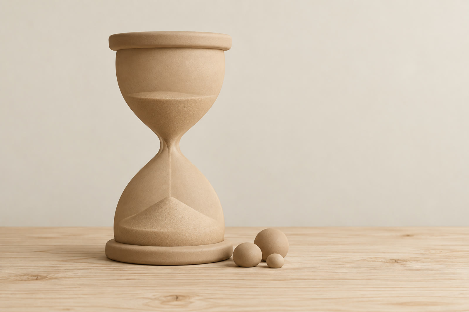 A smooth unglazed clay hourglass standing on a pale wooden surface against a plain cream backdrop, with three small clay pebbles resting beside its base