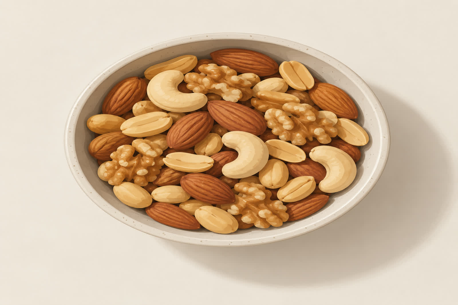 Small bowl of mixed nuts on a plain table, diagram style