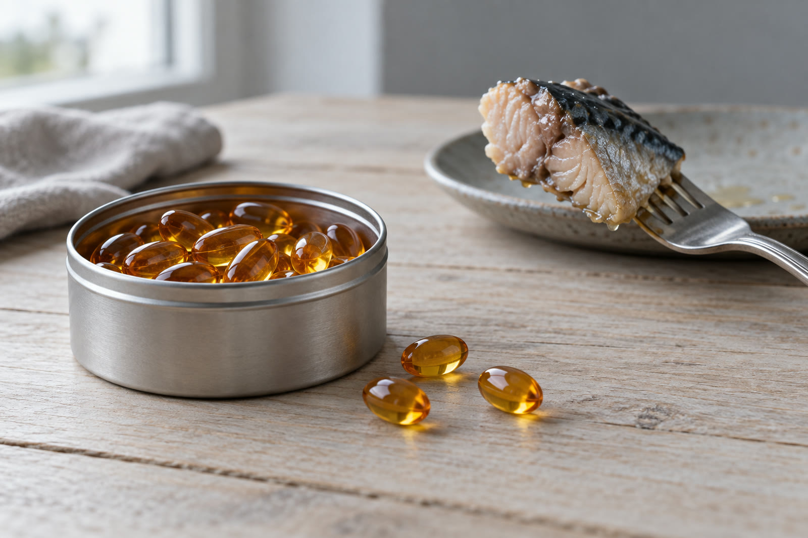 An open tin of amber softgel capsules on a pale wooden table with three spilled beside it and a fork holding a piece of oily fish on a plate behind, cool north light