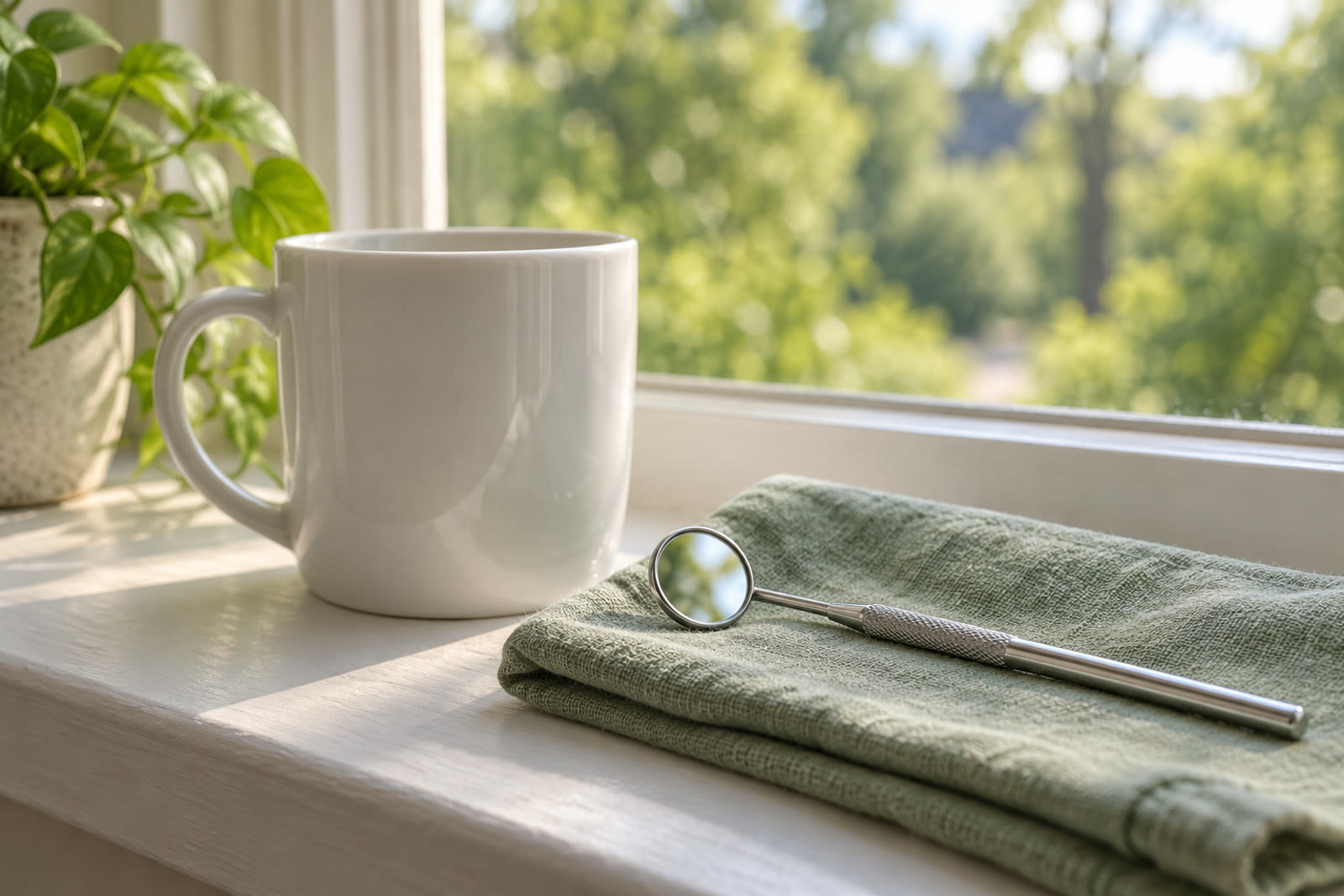 A white ceramic mug and a polished steel dental mirror on a folded sage-green cloth on a windowsill, a blurred green view outside