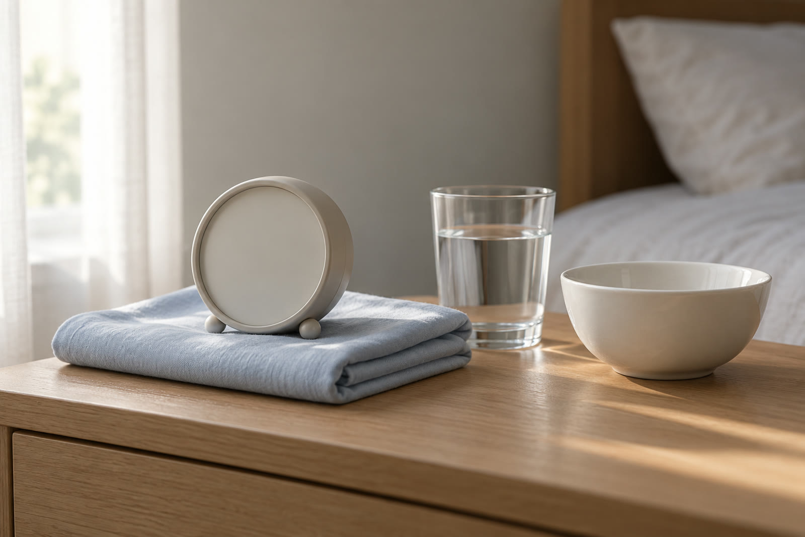 A small bedside clock with a completely blank face on a folded pale blue cotton sheet beside a plain glass of water