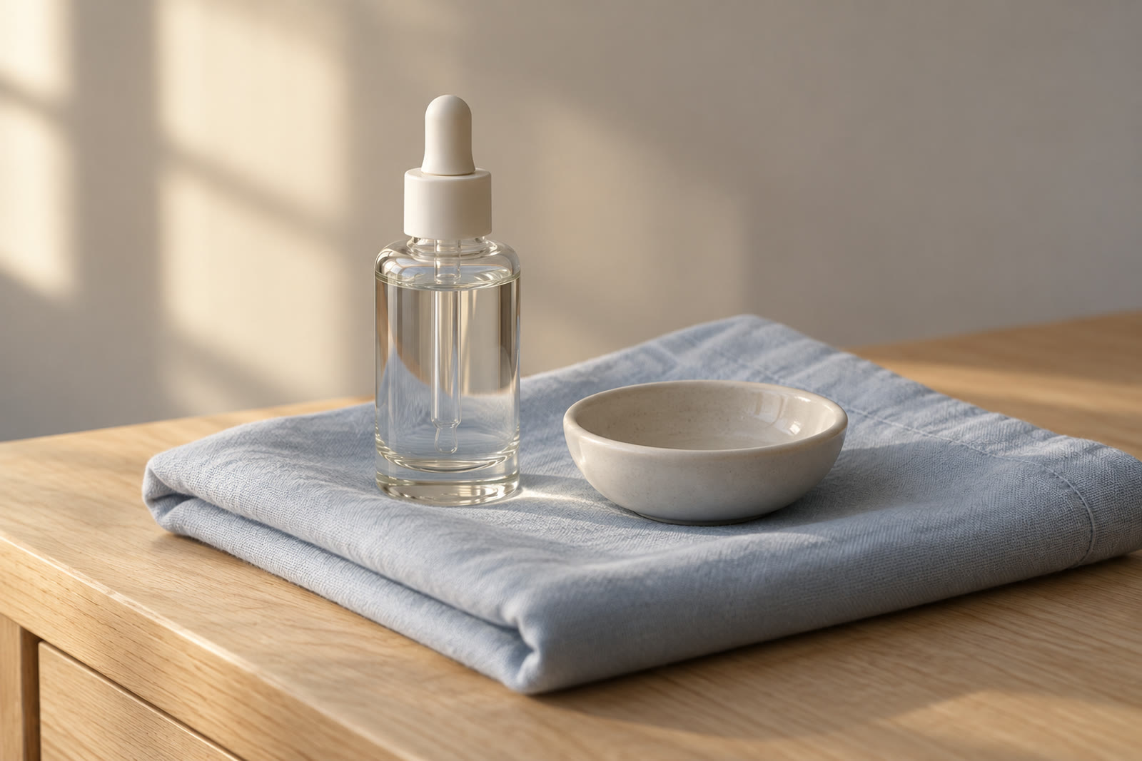 A plain unlabelled glass dropper bottle and a small ceramic dish on a folded pale blue cotton sheet on a light wooden bedside table